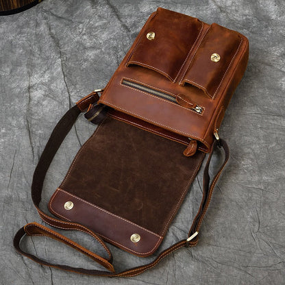 Brown Leather Men's Vertical Messenger Bag Coffee Side Bag Vertical Shoulder Bag For Men