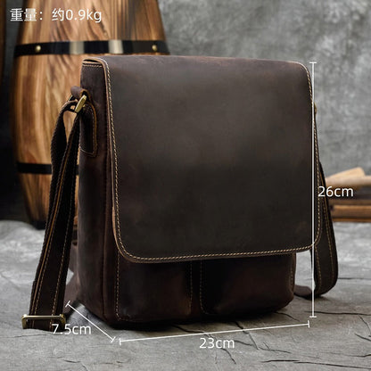 Brown Leather Men's Vertical Messenger Bag Coffee Side Bag Vertical Shoulder Bag For Men