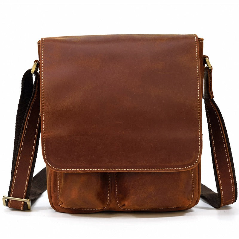 Brown Leather Men's Vertical Messenger Bag Coffee Side Bag Vertical Shoulder Bag For Men