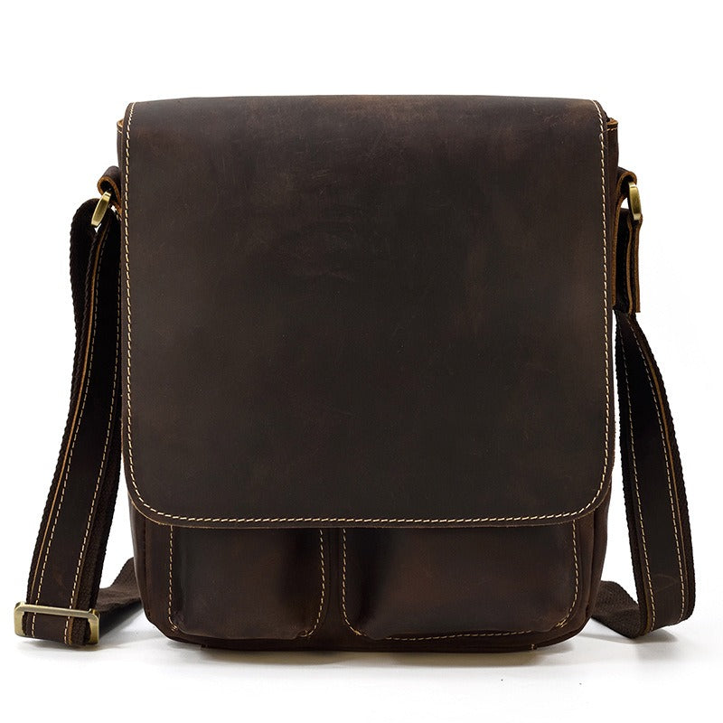 Brown Leather Men's Vertical Messenger Bag Coffee Side Bag Vertical Shoulder Bag For Men