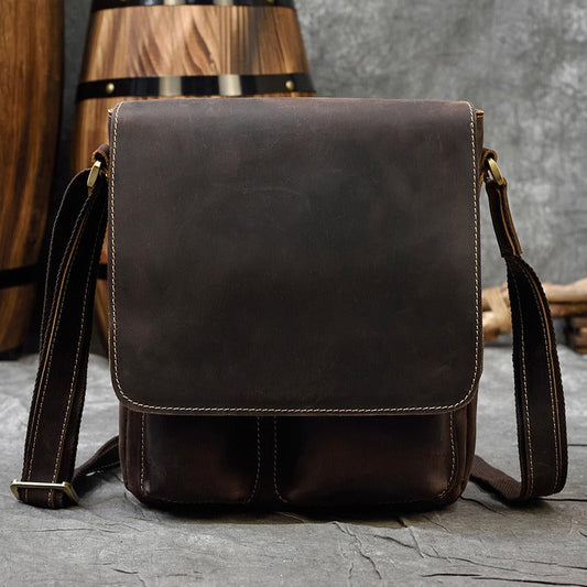 Leather Men's Vertical Messenger Bag Coffee Side Bag Vertical Shoulder Bag For Men