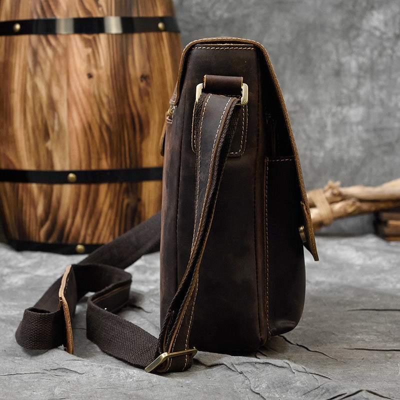 Brown Leather Men's Vertical Messenger Bag Coffee Side Bag Vertical Shoulder Bag For Men