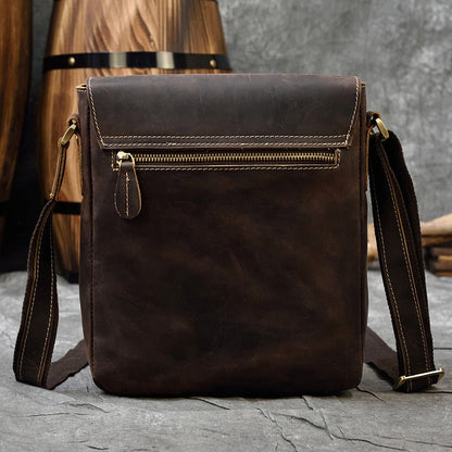 Brown Leather Men's Vertical Messenger Bag Coffee Side Bag Vertical Shoulder Bag For Men