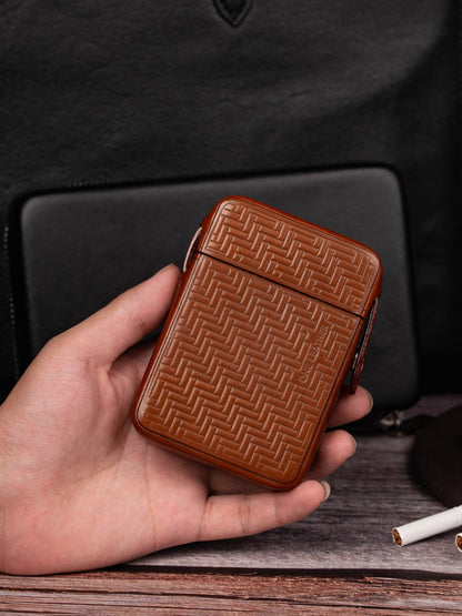 Classic Leather Mens 20pcs Cigarette Case With Ligher Holder Brown Stamped Cigarette Case for Men