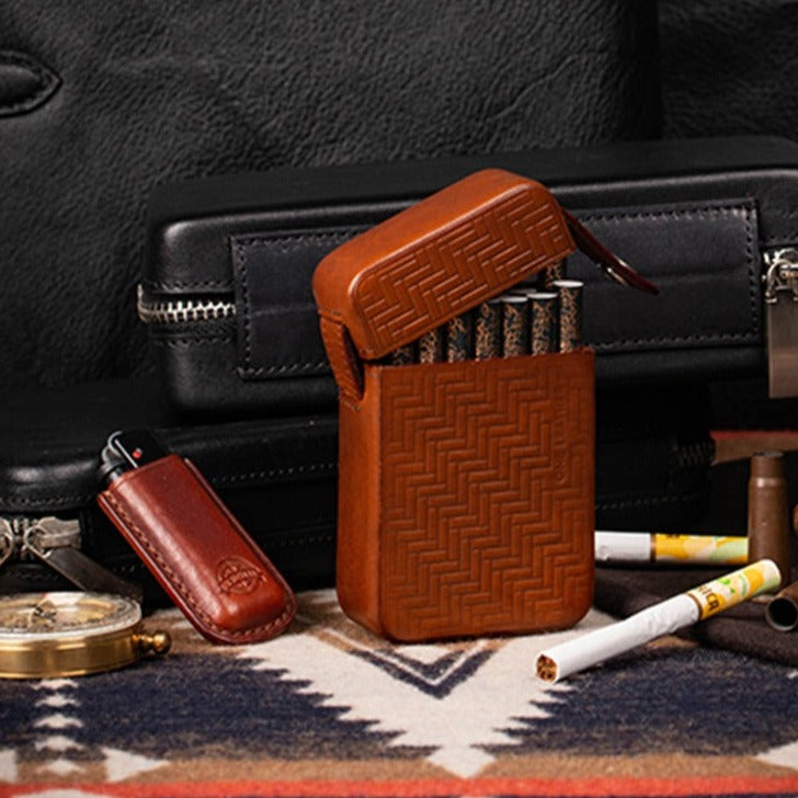 Classic Brown Leather Mens 20pcs Cigarette Holder Case Stamped Cigarette Case for Men