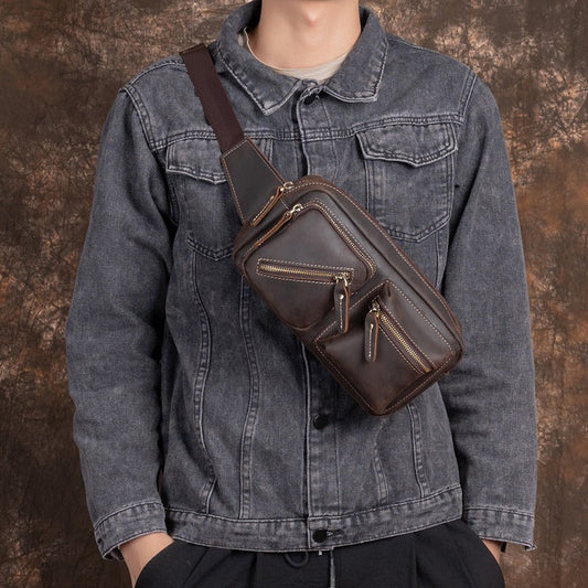 Vintage Leather Mens Fanny Pack Hip Packs Sling Bag Sling Pack Waist Bag for Men