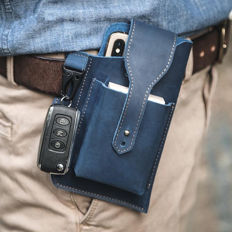 Blue Leather Mens Cellphone Holster Belt Pouches Phone Waist Bag Phone Holster for Men