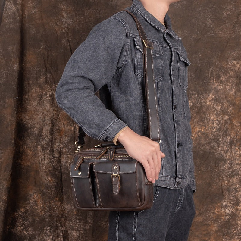 Leather Mens Side Bag Small Messenger BAG Vintage Coffee School Courier Bag FOR MEN