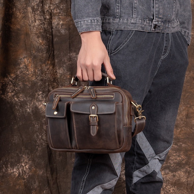 Leather Mens Side Bag Small Messenger BAG Vintage Coffee School Courier Bag FOR MEN