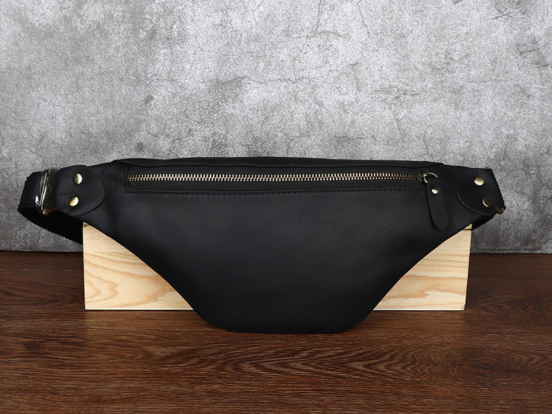 Black Mens Fanny Pack Leather Slim Bum Bag Black Hip Pack Chest Bag For Men