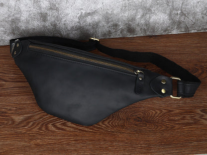 Black Mens Fanny Pack Leather Slim Bum Bag Black Hip Pack Chest Bag For Men