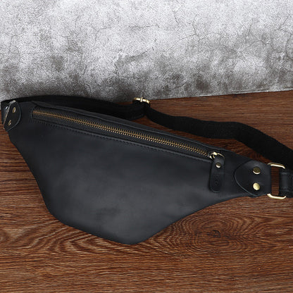 Black Mens Fanny Pack Leather Slim Bum Bag Black Hip Pack Chest Bag For Men