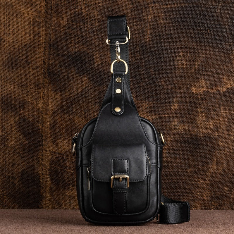 Leather Sling Bag Crossbody Sling Pack Black Small Shoulder Bag Side Bag For Men