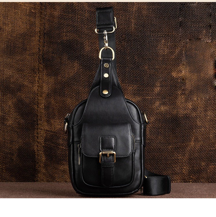 Leather Sling Bag Crossbody Sling Pack Black Small Shoulder Bag Side Bag For Men