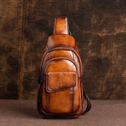 Leather Sling Bag For Men Brown Crossbody Sling Pack Small Chest Bag For Men