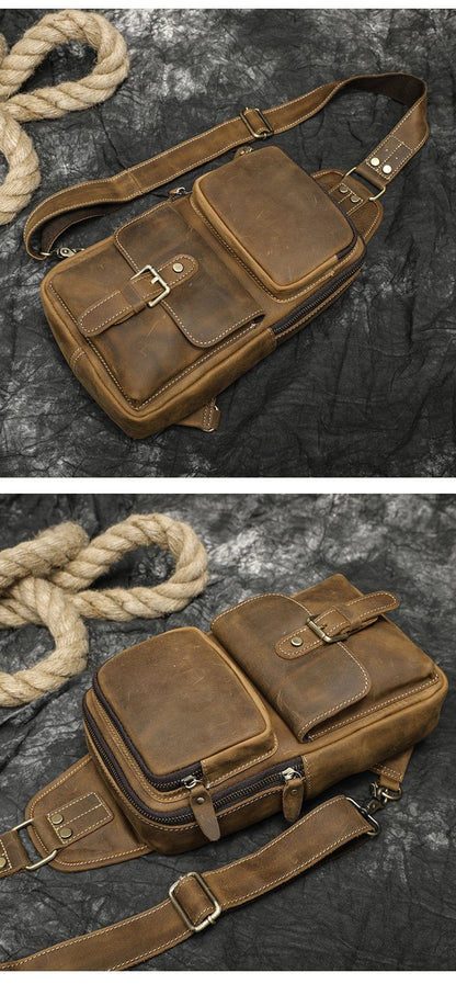 Leather Sling Bag Mens Chest Bag Sling Crossbody Bag Coffee Travel Sling Pack For Men