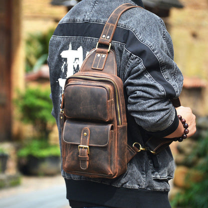 Leather Sling Bag Mens Chest Bag Sling Crossbody Bag Brown Travel Sling Pack For Men