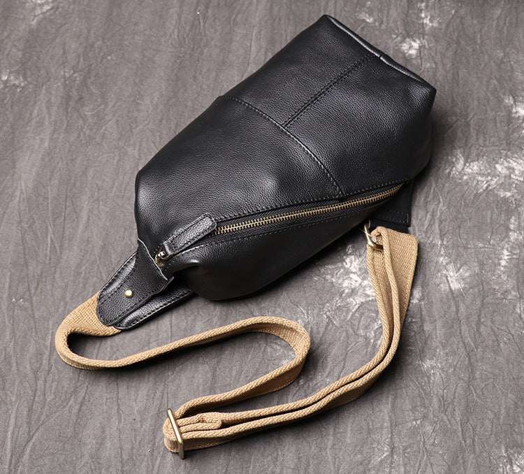 Leather Sling Packs Chest Bag Black Leather Sling Bag Sling Crossbody Packs Travel Bag For Men