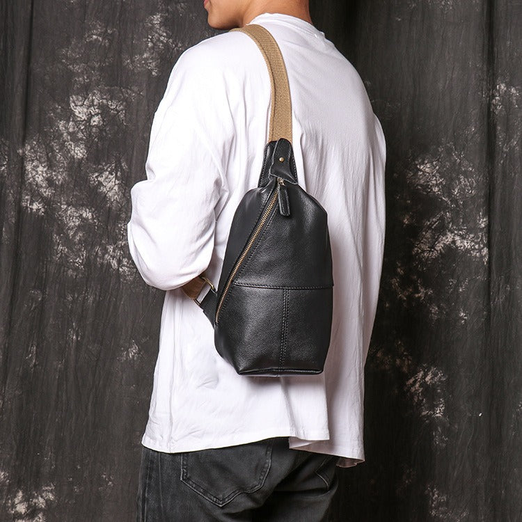 Leather Sling Packs Chest Bag Black Leather Sling Bag Sling Crossbody Packs Travel Bag For Men