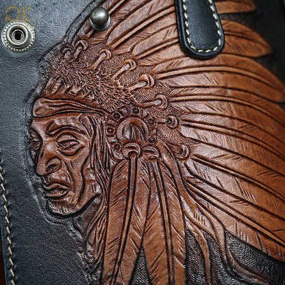 Coffee Leather Tooled Indian Chief Mens Biker Chain Wallet Handmade Leather Biker Wallet for Men