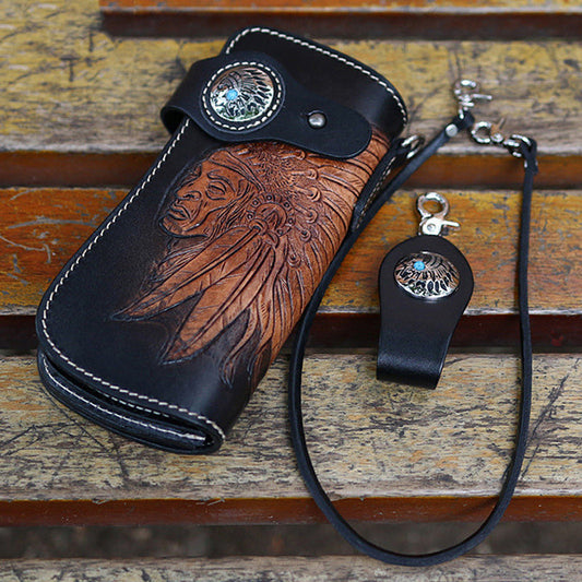 Leather Tooled Indian Chief Mens Biker Chain Wallet Handmade Leather Biker Wallet for Men