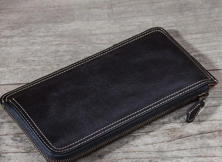 Leather Long Wallets for men Zipper Bifold Vintage Men Long Wallet