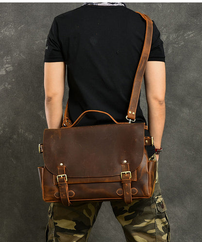 Leather Mens Brown Briefcase 12'' Laptop Briefcase Crossbody Side Bag Shoulder Bag For Men