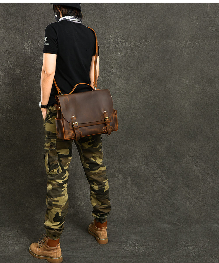 Leather Mens Brown Briefcase 12'' Laptop Briefcase Crossbody Side Bag Shoulder Bag For Men