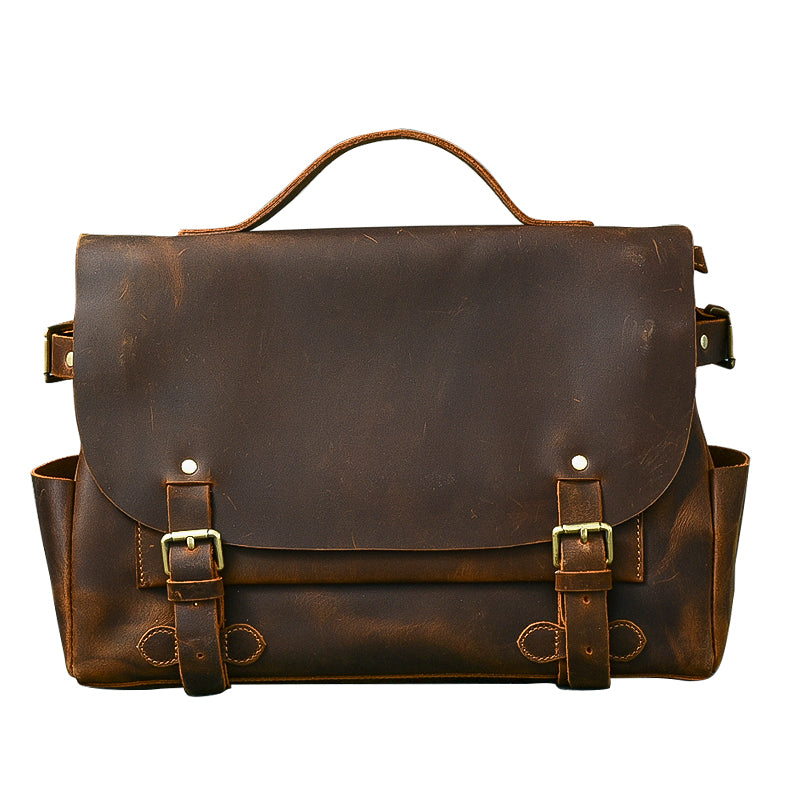 Leather Mens Brown Briefcase 12'' Laptop Briefcase Crossbody Side Bag Shoulder Bag For Men