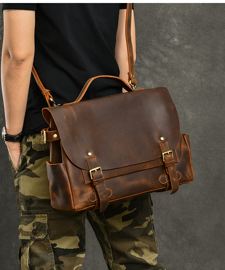 Leather Mens Brown Briefcase 12'' Laptop Briefcase Crossbody Side Bag Shoulder Bag For Men