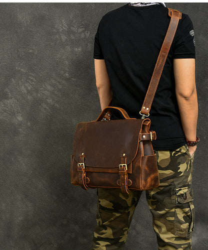 Leather Mens Brown Briefcase 12'' Laptop Briefcase Crossbody Side Bag Shoulder Bag For Men