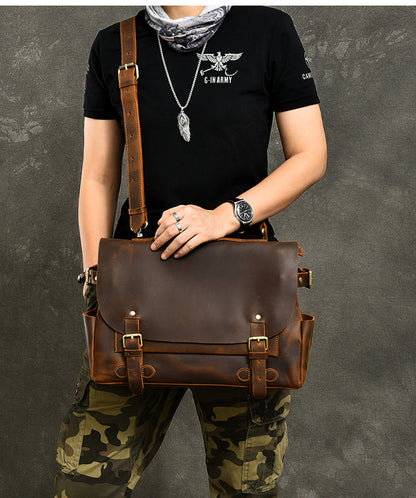 Leather Mens Brown Briefcase 12'' Laptop Briefcase Crossbody Side Bag Shoulder Bag For Men