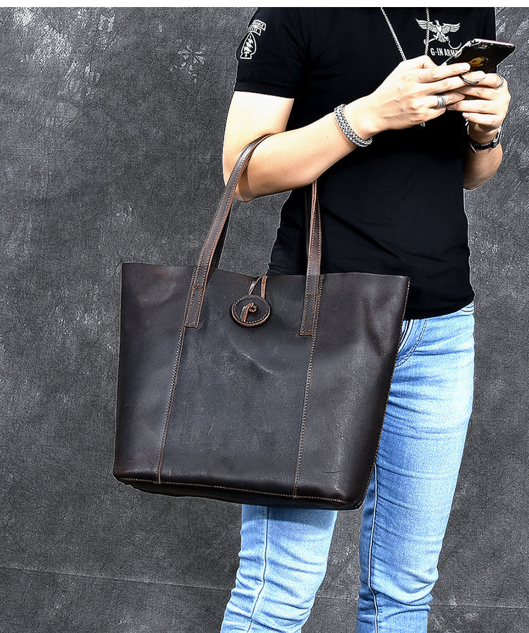 Leather Mens Womens 13' Large Shoulder Bag Vintage Coffee Tote Bag Large Side Bag For Men