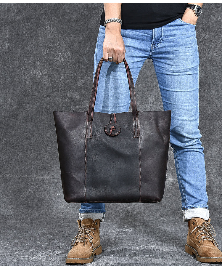 Leather Mens Womens 13' Large Shoulder Bag Vintage Coffee Tote Bag Large Side Bag For Men