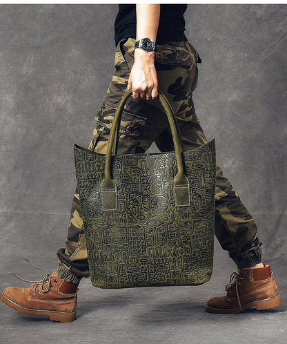 Leather Mens Womens 14' Large Shoulder Bag Dark Green Tote Bag Large Side Bag For Men