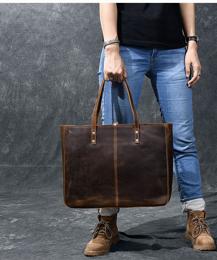 Leather Mens Womens 14' Large Tote Shoulder Bag Vintage Brown Tote Bag Large Side Bag For Men