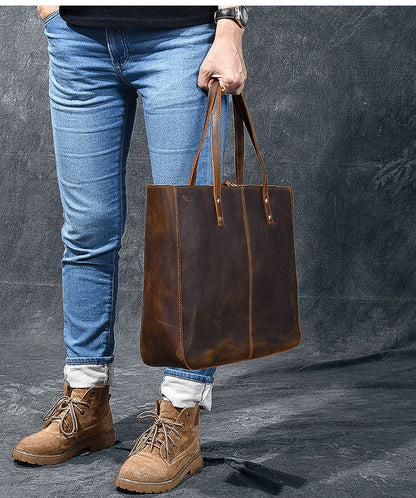 Leather Mens Womens 14' Large Tote Shoulder Bag Vintage Brown Tote Bag Large Side Bag For Men