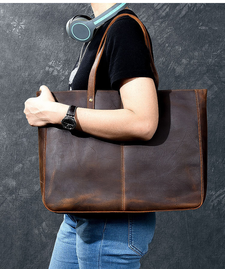 Leather Mens Womens 14' Large Tote Shoulder Bag Vintage Brown Tote Bag Large Side Bag For Men