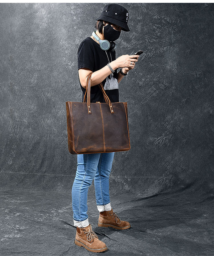 Leather Mens Womens 14' Large Tote Shoulder Bag Vintage Brown Tote Bag Large Side Bag For Men