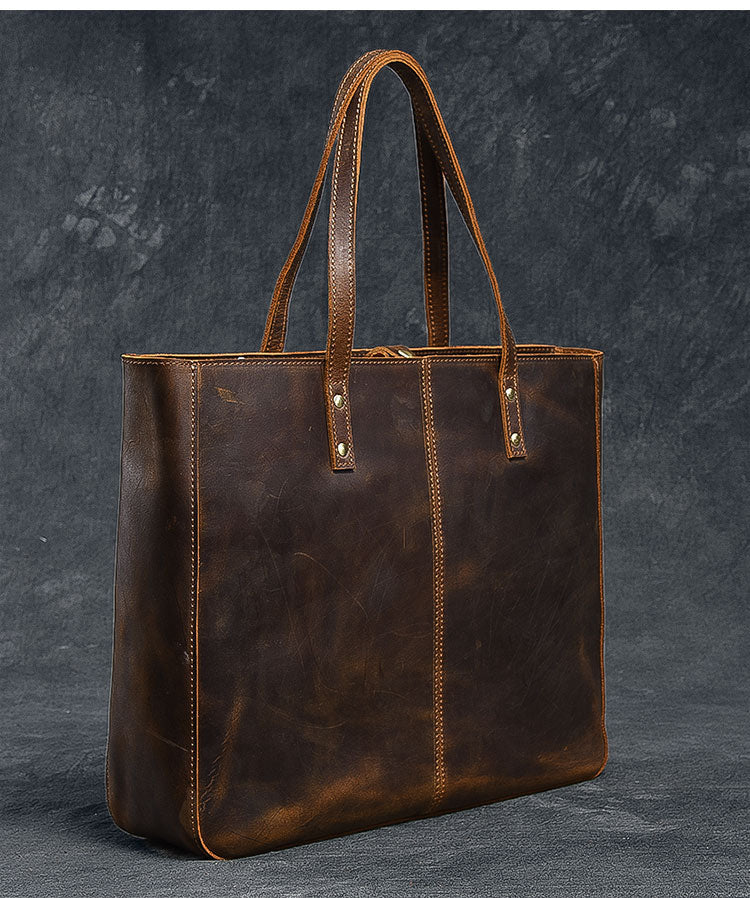 Leather Mens Womens 14' Large Tote Shoulder Bag Vintage Brown Tote Bag Large Side Bag For Men