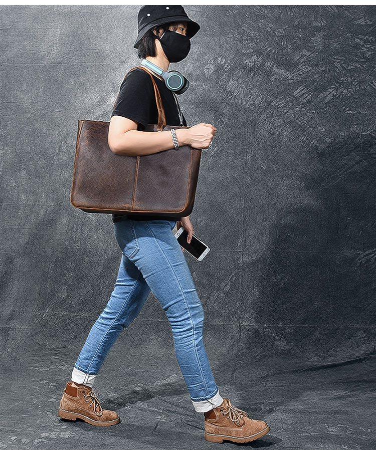 Leather Mens Womens 14' Large Tote Shoulder Bag Vintage Brown Tote Bag Large Side Bag For Men