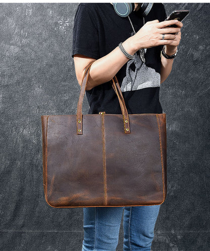 Leather Mens Womens 14' Large Tote Shoulder Bag Vintage Brown Tote Bag Large Side Bag For Men