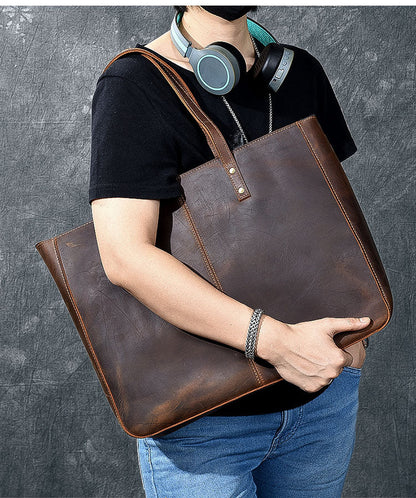 Leather Mens Womens 14' Large Tote Shoulder Bag Vintage Brown Tote Bag Large Side Bag For Men