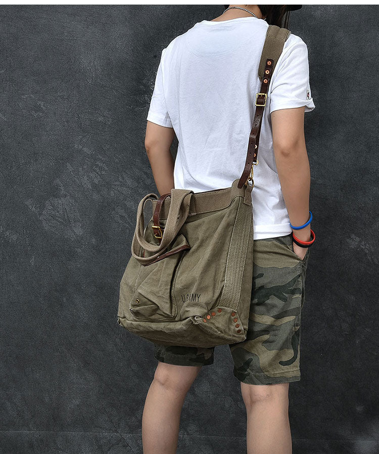 Leather Mens Womens 15' Large Shoulder Bag Army Green Tote Bag Large Side Bag For Men