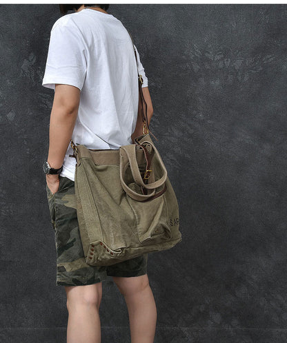 Leather Mens Womens 15' Large Shoulder Bag Army Green Tote Bag Large Side Bag For Men