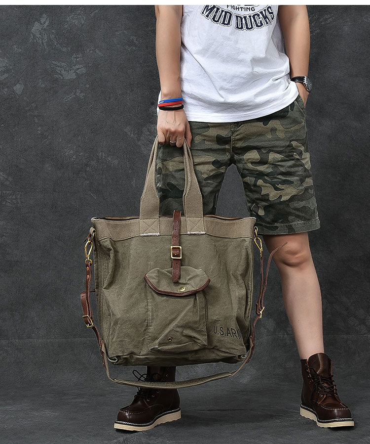 Leather Mens Womens 15' Large Shoulder Bag Army Green Tote Bag Large Side Bag For Men