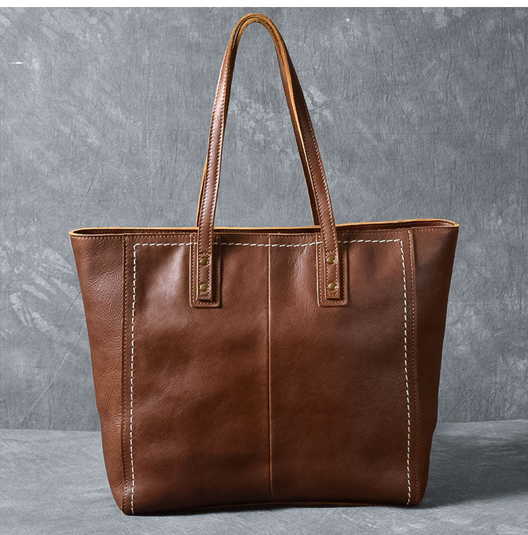 Leather Mens Womens 15' Large Shoulder Bag Brown Tote Bag Large Side Bag Dark Coffee Handbag For Men