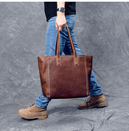 Leather Mens Womens 15' Large Shoulder Bag Brown Tote Bag Large Side Bag Dark Coffee Handbag For Men