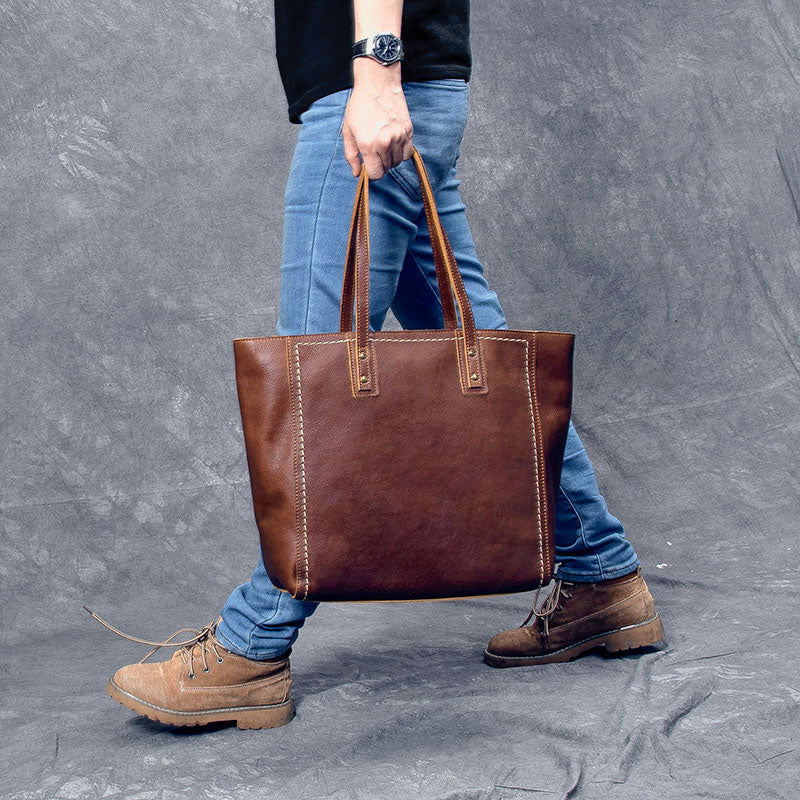 Leather Mens Womens 15' Large Shoulder Bag Brown Tote Bag Large Side Bag Dark Coffee Handbag For Men