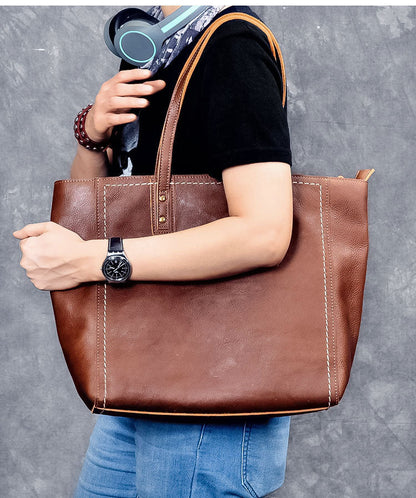 Leather Mens Womens 15' Large Shoulder Bag Brown Tote Bag Large Side Bag Dark Coffee Handbag For Men